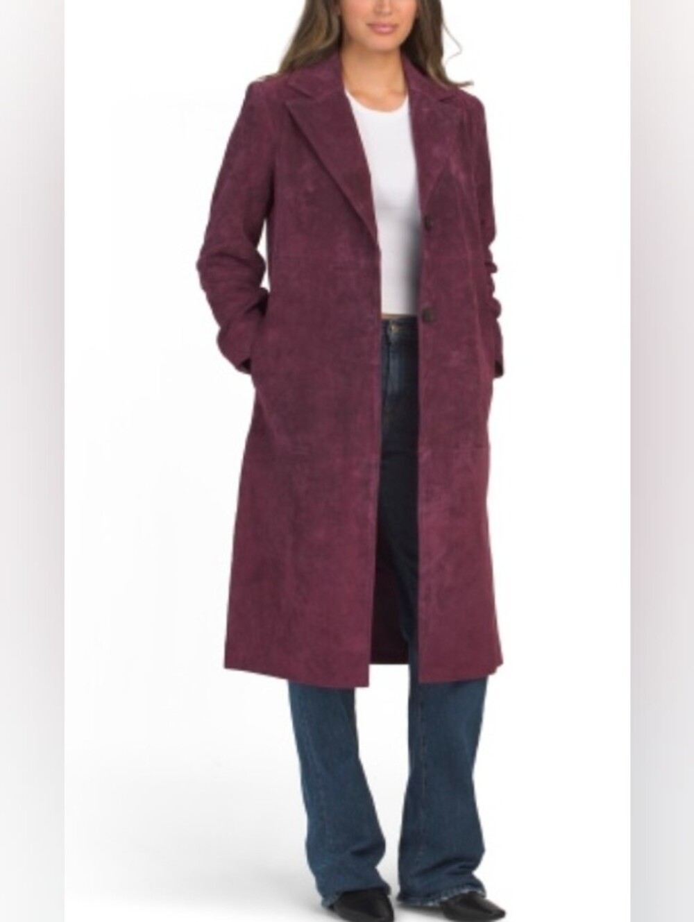 NVLT Long Suede Duster Coat in Plum